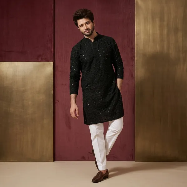Black_Cotton_Regular_Fit_Embellished_Kurta_For_Men