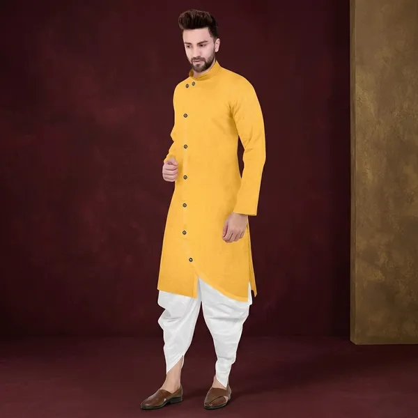 Yellow_Cotton_Blend_Relaxed_Fit_Kurta_Pyjama_Set_For_Men