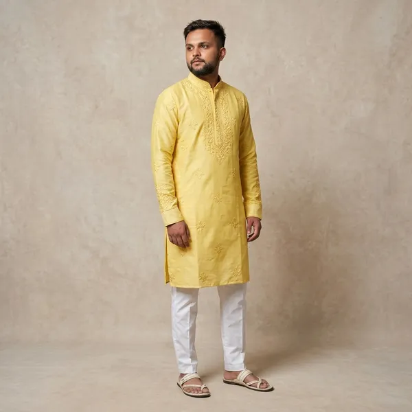 Yellow_Cotton_Relaxed_Fit_Embroidered_Kurta_Set_For_Men