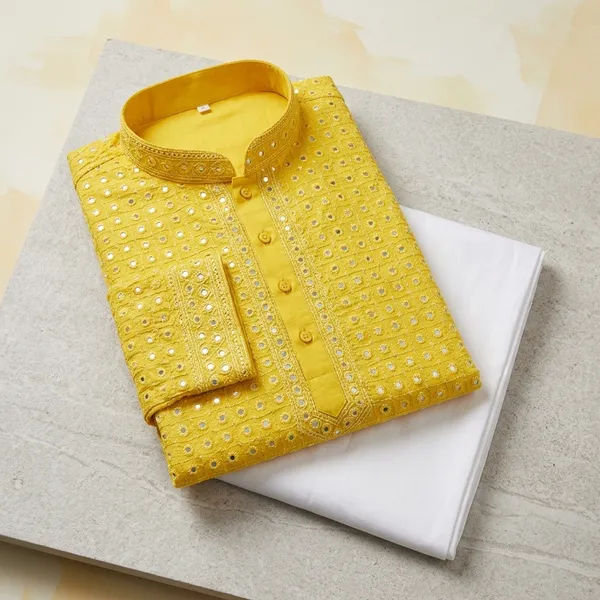 Yellow_Rayon_Embroidered_Mirror_Work_Kurta_Pajama_Set_For_Men