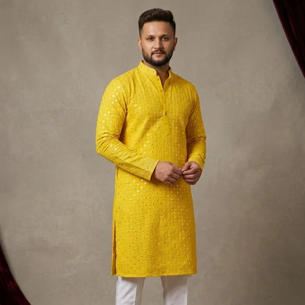 Yellow_Rayon_Embroidered_Mirror_Work_Kurta_Pajama_Set_For_Men