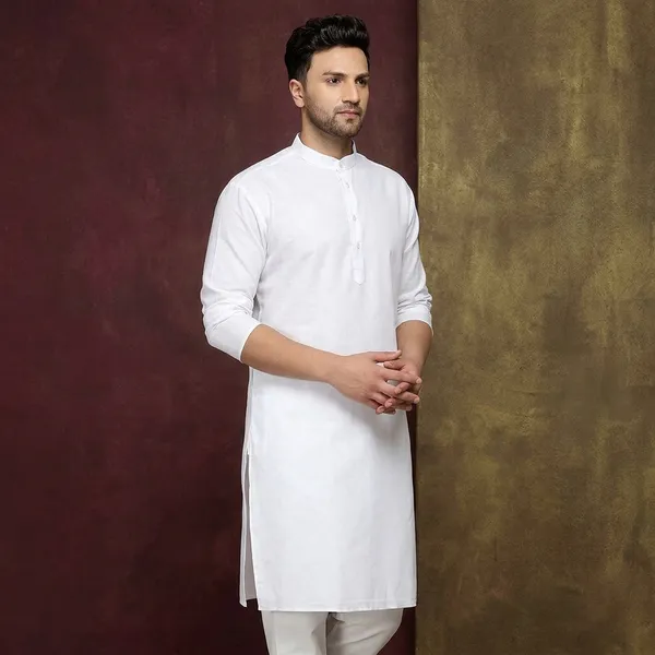White_Cotton_Mandarin_Collar_Kurta_For_Men