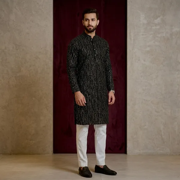 Black_Cotton_Embroidered_Kurta_With_Pajama_For_Men