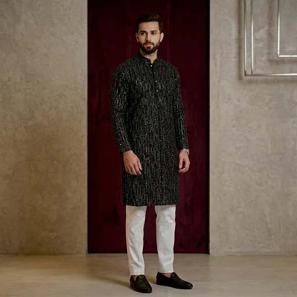 Black_Cotton_Embroidered_Kurta_With_Pajama_For_Men