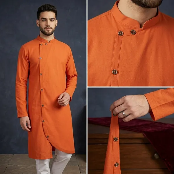 Orange_Cotton_Mandarin_Collar_Kurta_For_Men