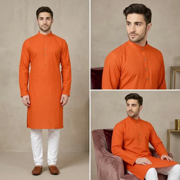 Orange_Cotton_Blend_Mandarin_Collar_Kurta_For_Men