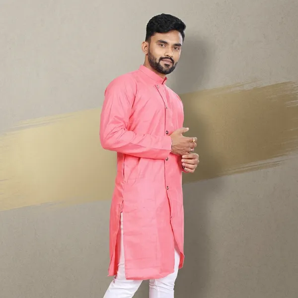 Pink_Cotton_Asymmetric_Regular_Fit_Kurta_For_Men