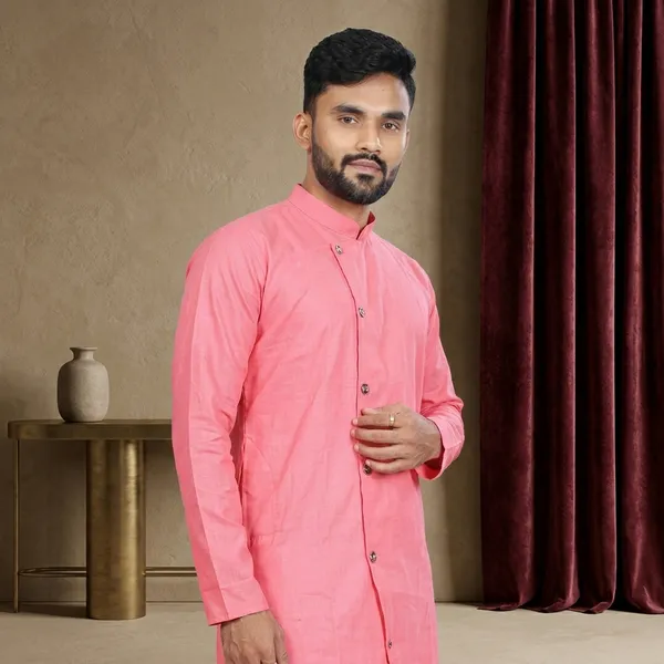 Pink_Cotton_Asymmetric_Regular_Fit_Kurta_For_Men