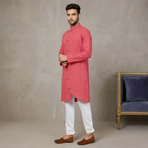 Pink_Cotton_Asymmetric_Kurta_For_Men