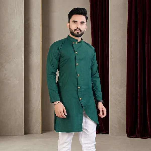 Green_Cotton_Asymmetric_Hem_Kurta_For_Men