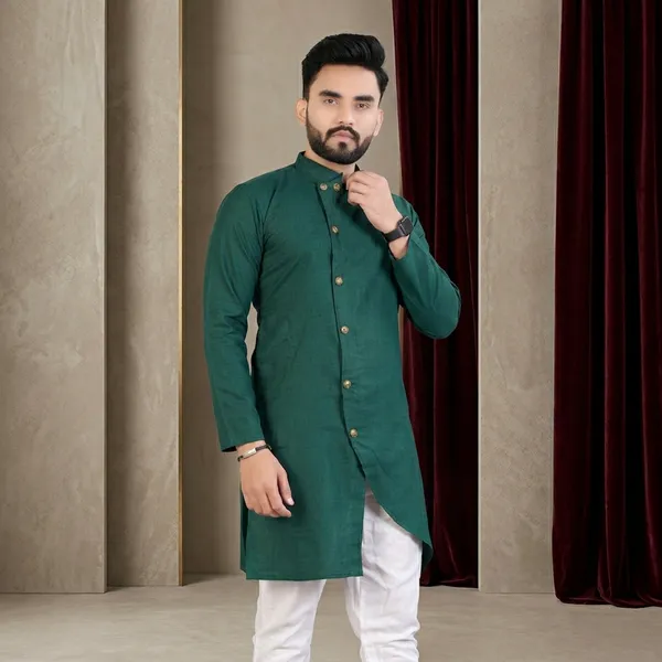 Green_Cotton_Asymmetric_Hem_Kurta_For_Men