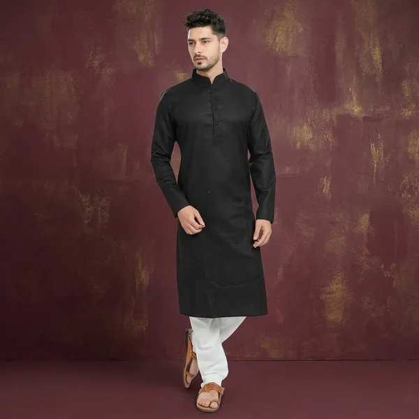 Black_Cotton_Mandarin_Collar_Kurta_Pajama_Set_For_Men