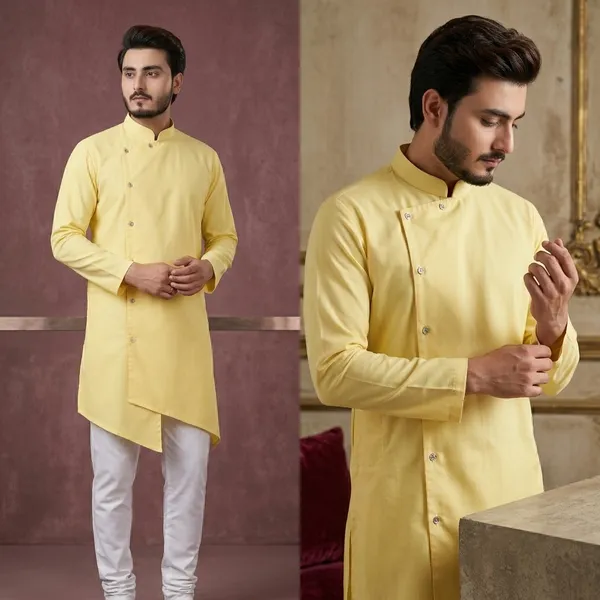 Yellow_Cotton_Mandarin_Collar_Kurta_For_Men