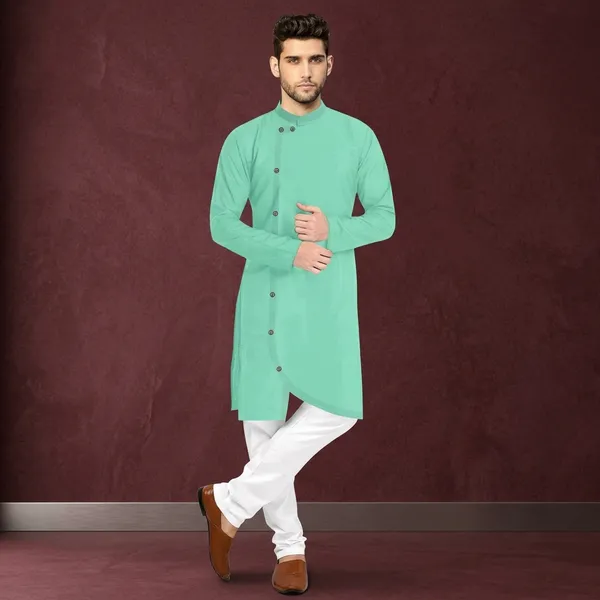 Sea_Green_Cotton_Asymmetric_Kurta_Set_For_Men