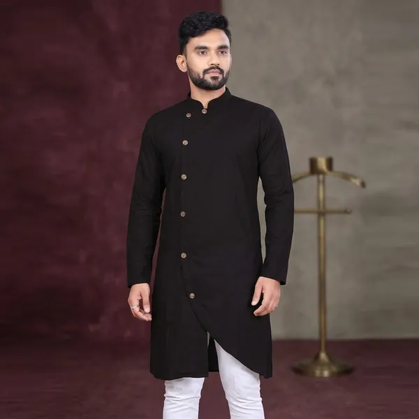 Black_Cotton_Mandarin_Collar_Straight_Kurta_For_Men