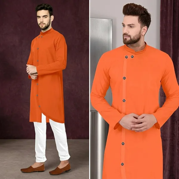 Orange_Cotton_Blend_Asymmetric_Ethnic_Kurta_For_Men
