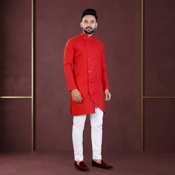 Red_Cotton_Blend_Asymmetric_Kurta_With_Churidar_For_Men