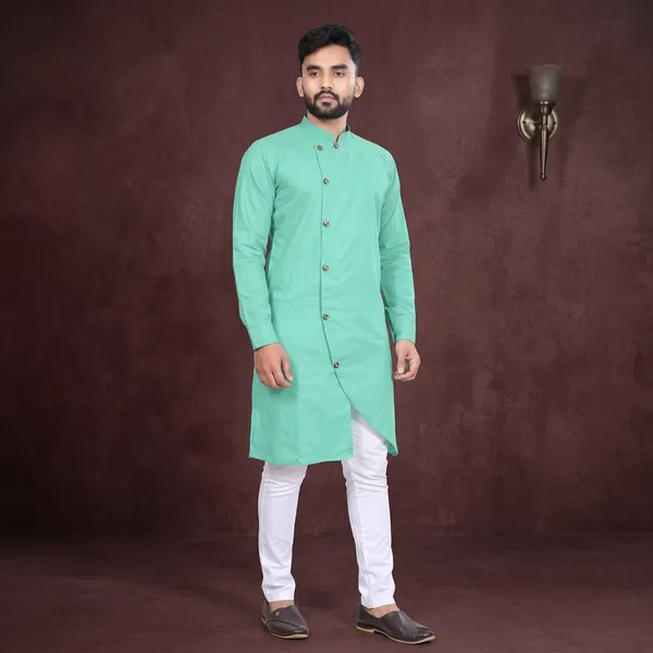 Sea_Green_Cotton_Blend_Mandarin_Collar_Kurta_Pajama_Set_For_Men