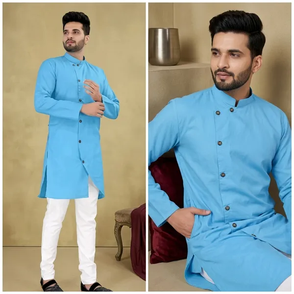 Sky_Blue_Cotton_Regular_Fit_Long_Kurta_For_Men