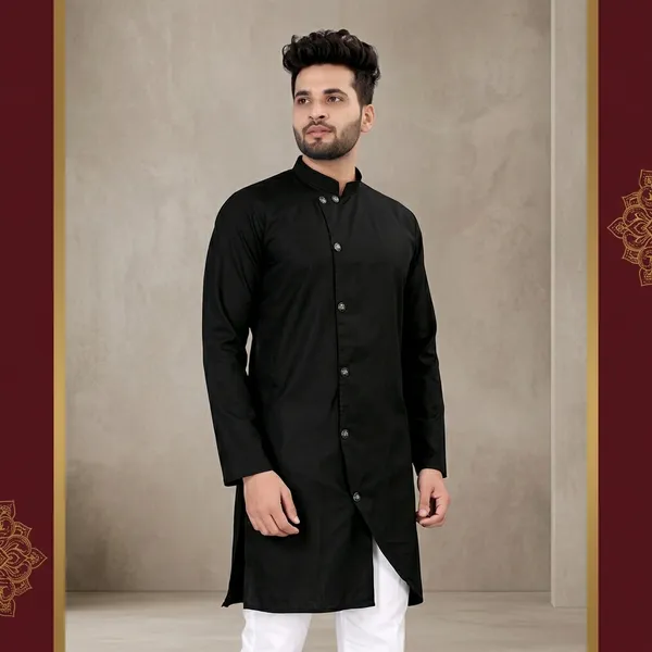 Black_Cotton_Mandarin_Collar_Kurta_For_Men