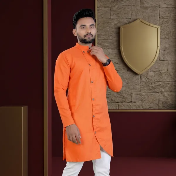 Orange_Cotton_Mandarin_Collar_Regular_Kurta_For_Men