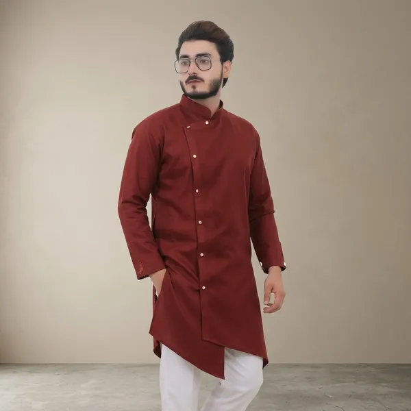 Maroon_Cotton_Asymmetric_Kurta_For_Men
