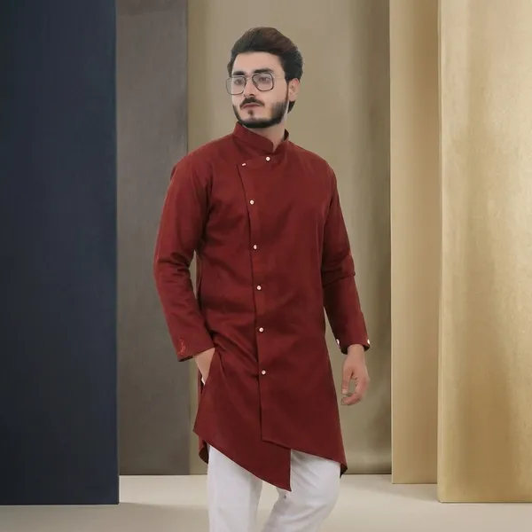 Maroon_Cotton_Asymmetric_Kurta_For_Men