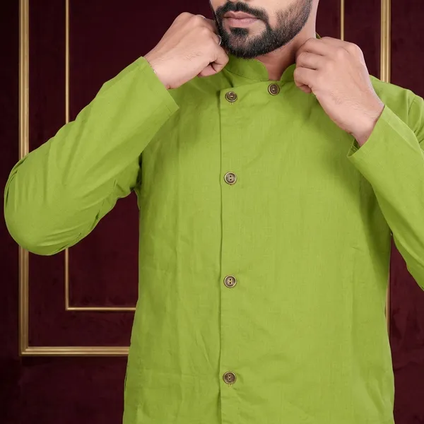 Green_Cotton_Mandarin_Collar_Regular_Fit_Kurta_For_Men