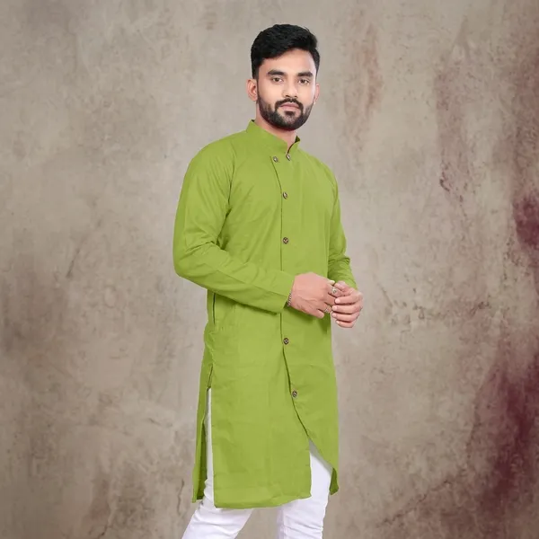 Green_Cotton_Mandarin_Collar_Regular_Fit_Kurta_For_Men