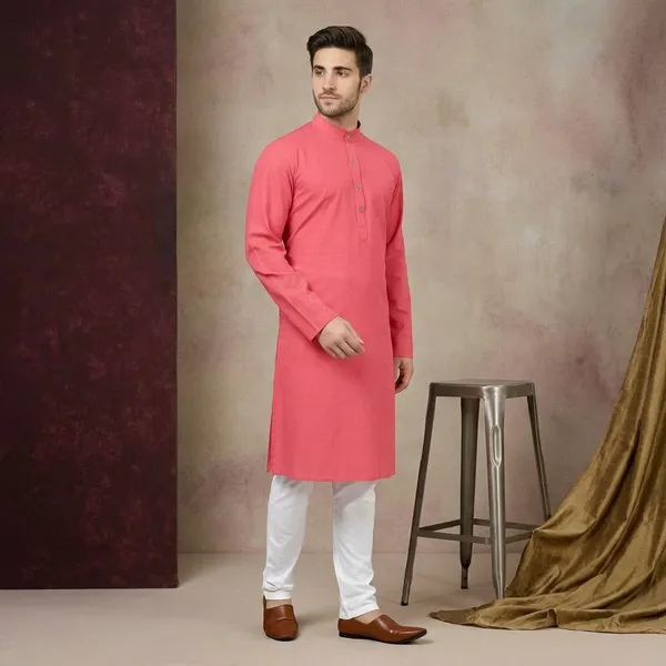 Pink_Cotton_Knee_Length_Regular_Kurta_For_Men