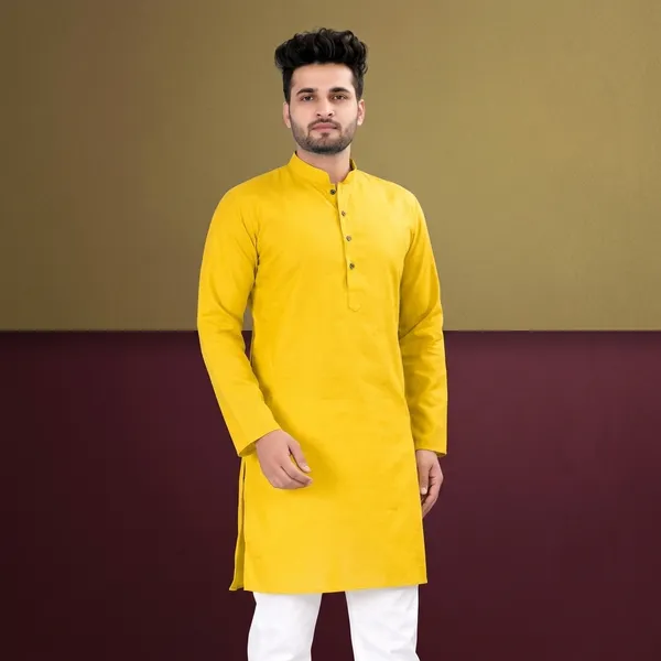Yellow_Cotton_Full_Sleeve_Mandarin_Collar_Kurta_For_Men