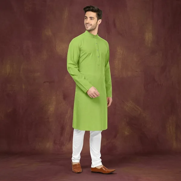Green_Cotton_Straight_Fit_Mandarin_Collar_Kurta_For_Men