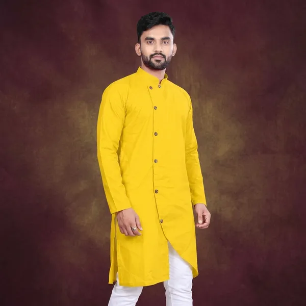 Yellow_Cotton_Blend_Relaxed_Fit_Long_Kurta_For_Men