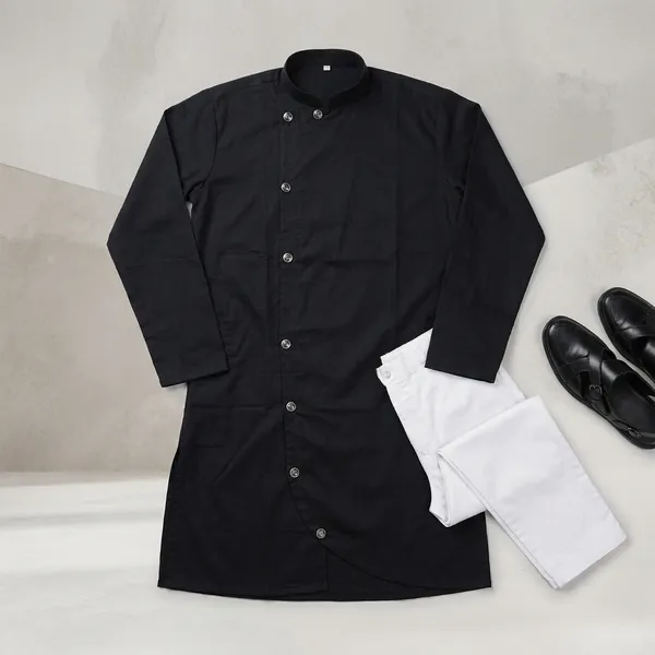 Black_Cotton_Mandarin_Collar_Kurta_For_Men