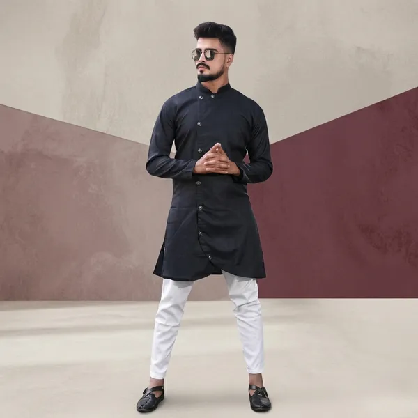 Black_Cotton_Mandarin_Collar_Kurta_For_Men
