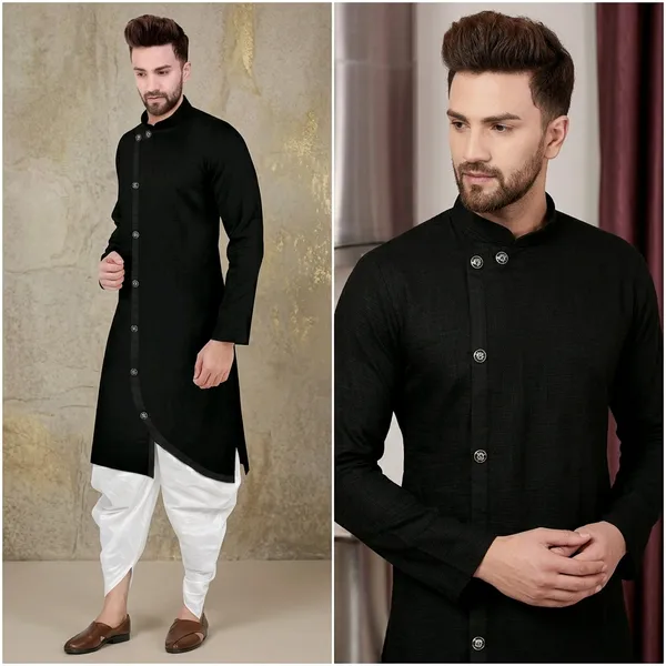 Black_Cotton_Knee_Length_Regular_Kurta_For_Men