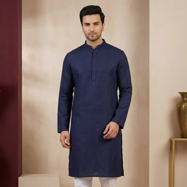 Navy_Blue_Cotton_Mandarin_Collar_Kurta_Pajama_Set_For_Men