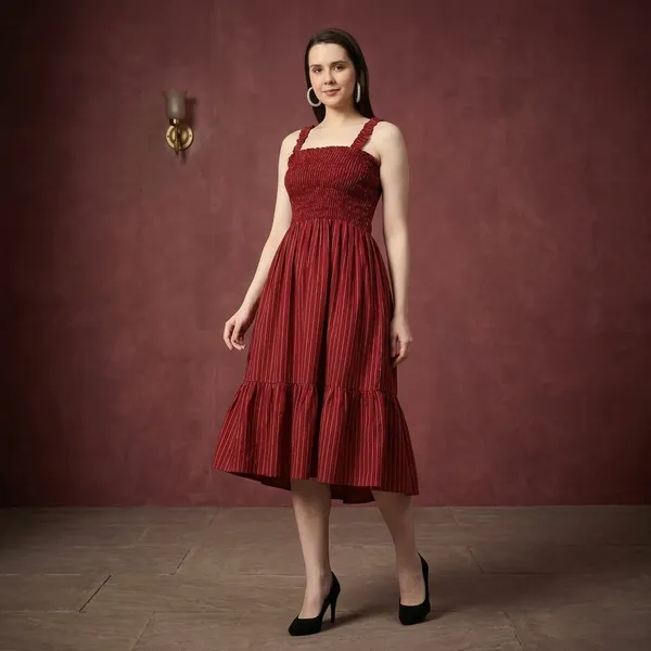 Maroon_Cotton_Smocked_Striped_Midi_Dress_For_Women