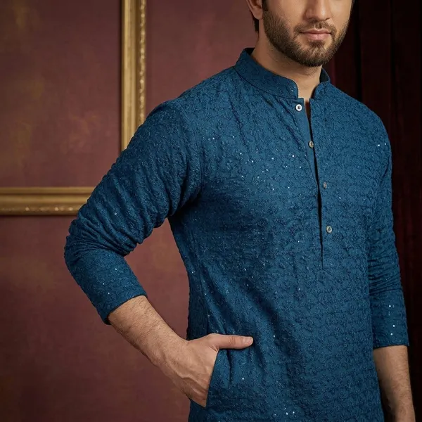 Blue_Cotton_Embroidered_Straight_Kurta_For_Men