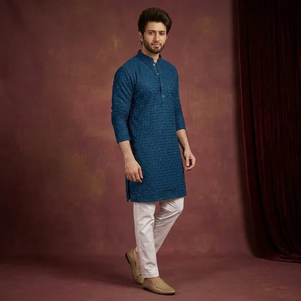 Blue_Cotton_Embroidered_Straight_Kurta_For_Men