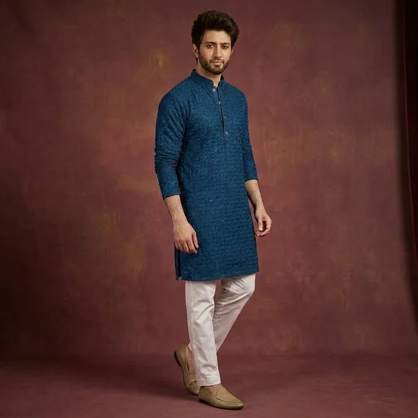 Blue_Cotton_Embroidered_Straight_Kurta_For_Men