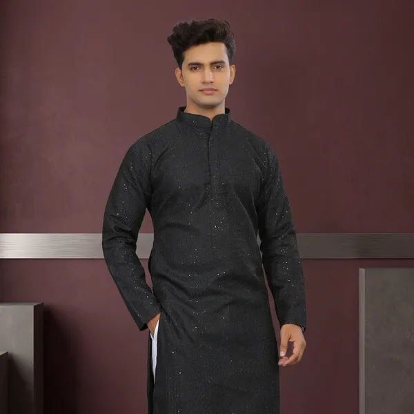 Black_Cotton_Embroidered_Kurta_Pajama_Set_For_Men