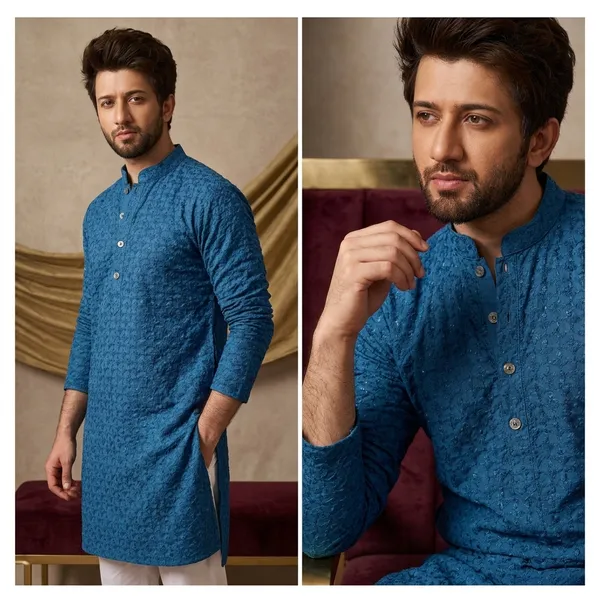 Blue_Textured_Cotton_Relaxed_Fit_Kurta_For_Men
