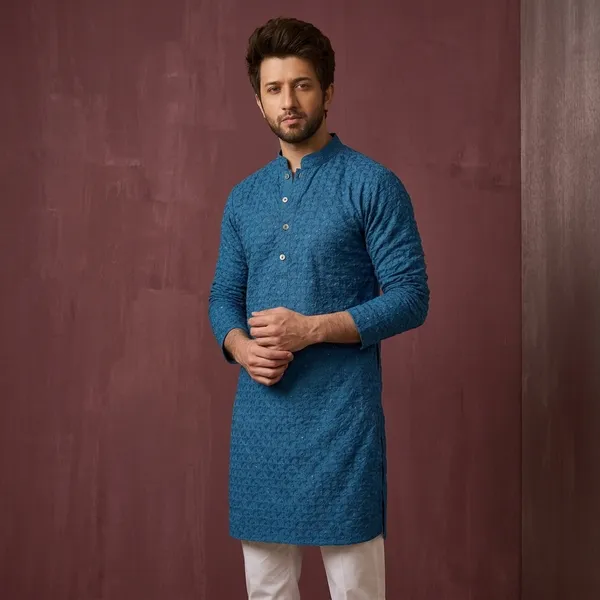 Blue_Textured_Cotton_Relaxed_Fit_Kurta_For_Men
