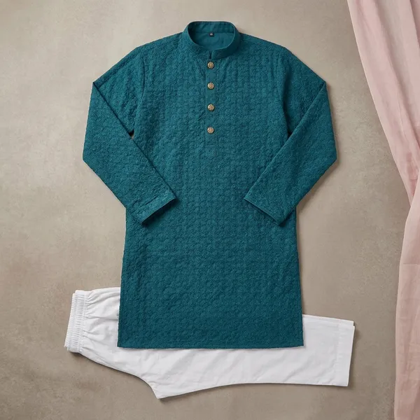 Teal_Blue_Cotton_Textured_Kurta_Pajama_Set_For_Men