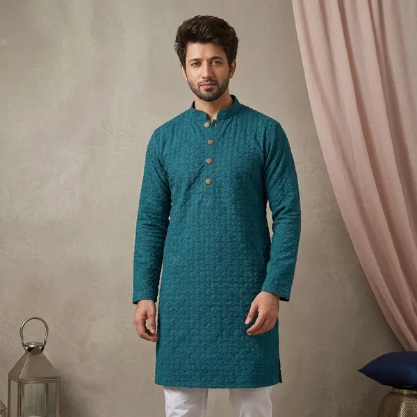 Teal_Blue_Cotton_Textured_Kurta_Pajama_Set_For_Men
