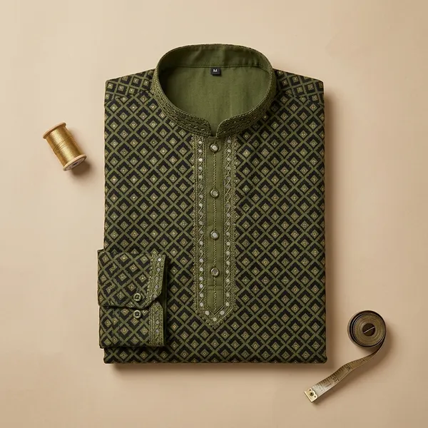 Olive_Green_Cotton_Printed_Mandarin_Collar_Kurta_For_Men