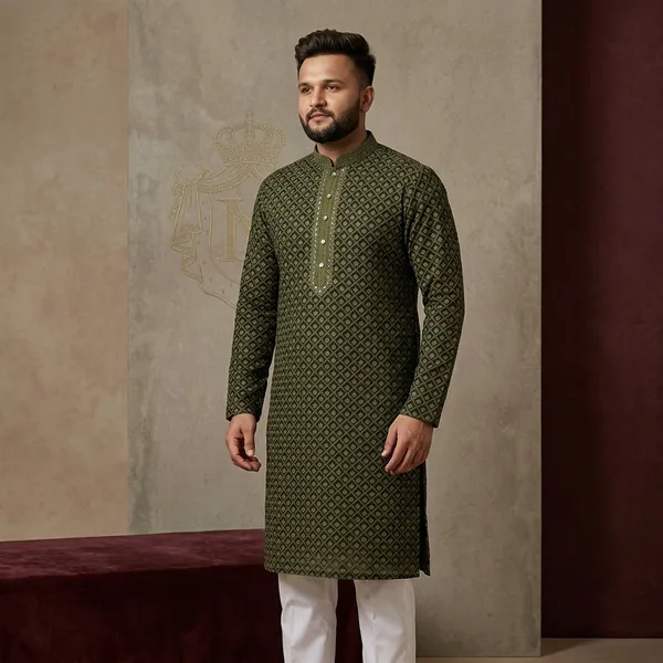 Olive_Green_Cotton_Printed_Mandarin_Collar_Kurta_For_Men