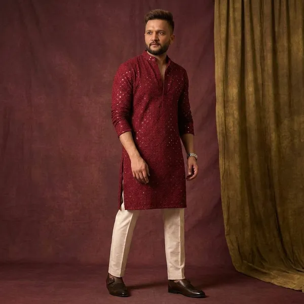 Maroon_Cotton_Sequined_Relaxed_Fit_Kurta_Set_For_Men