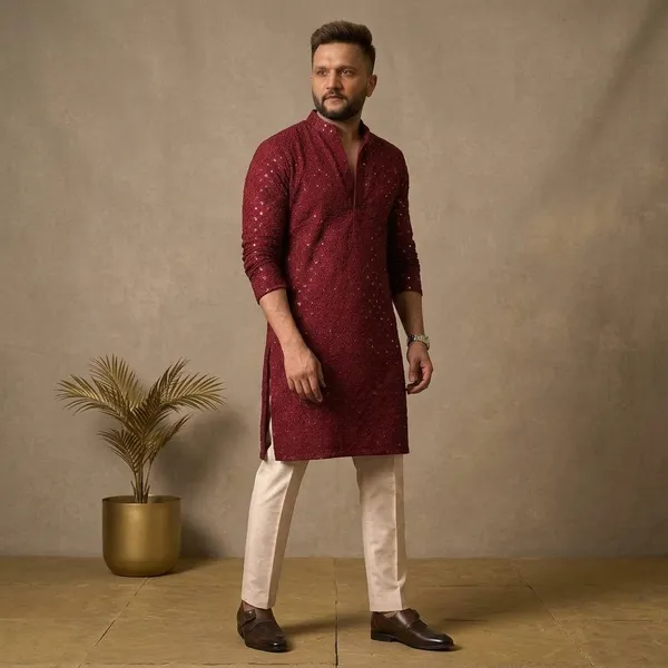 Maroon_Cotton_Sequined_Relaxed_Fit_Kurta_Set_For_Men